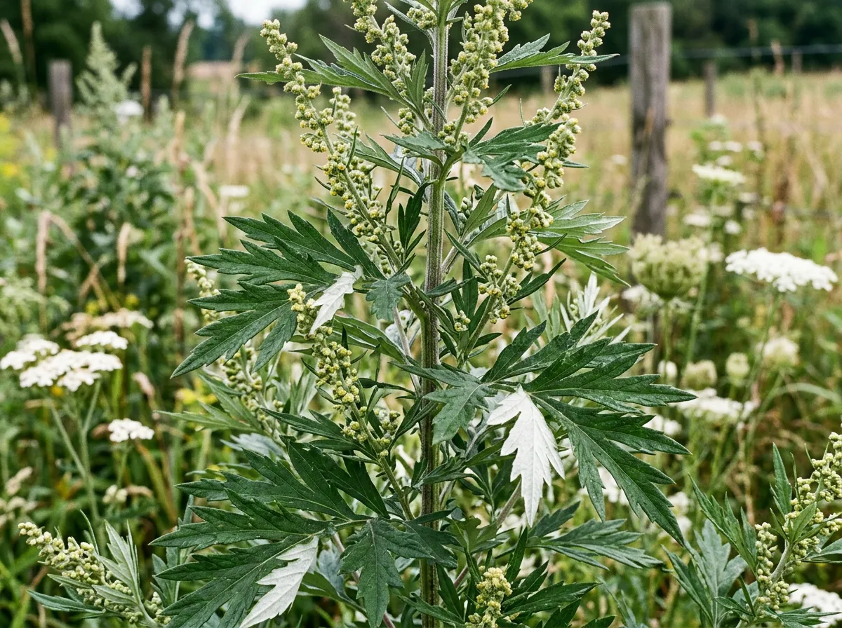 Silvery-green mugwort growing tall at a field edge